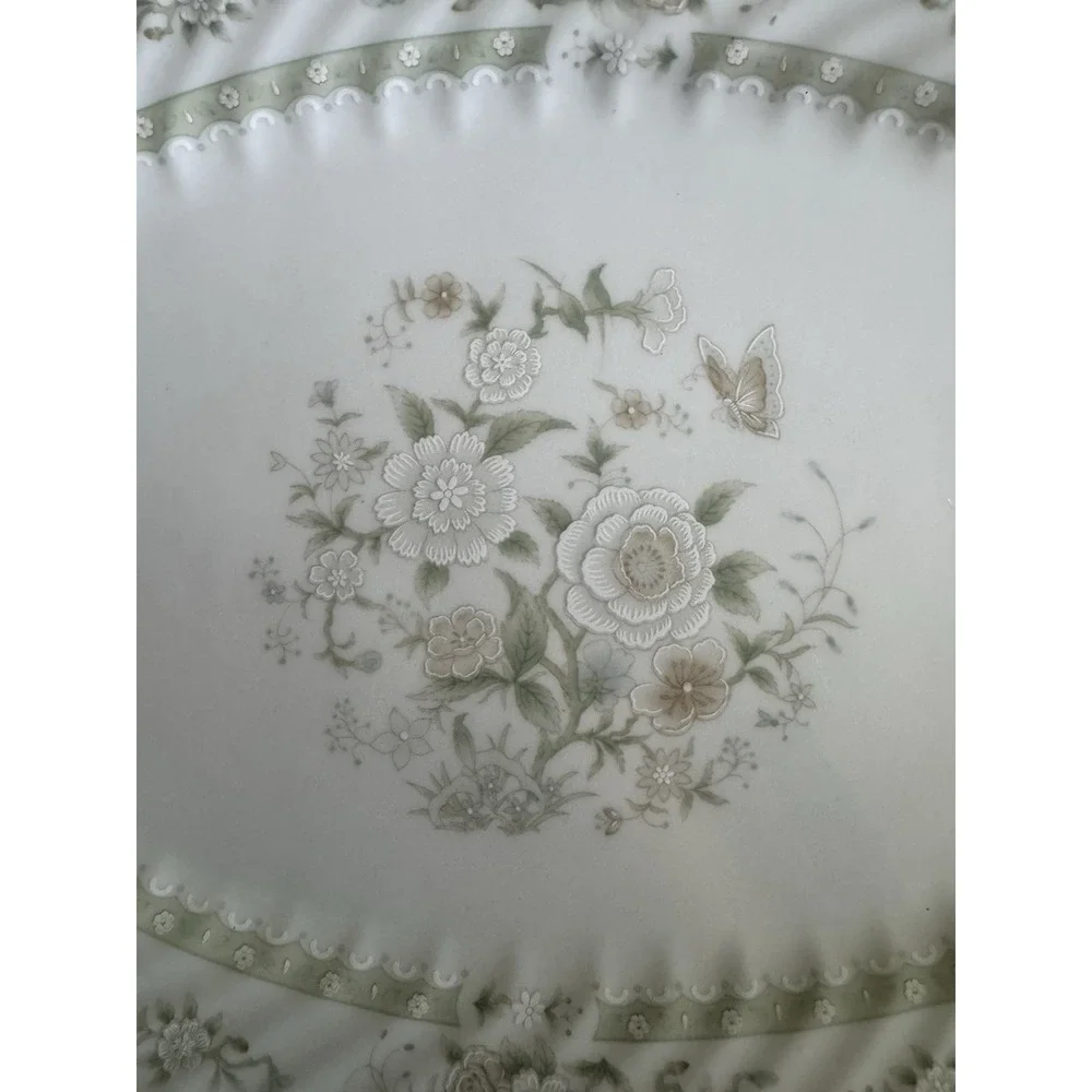 Oval Floral Ceramic Platter White Green Beige Butterfly Theme Made China